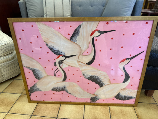 Stork Print w/ Pink Back in Gold Frame 36 x 27.5