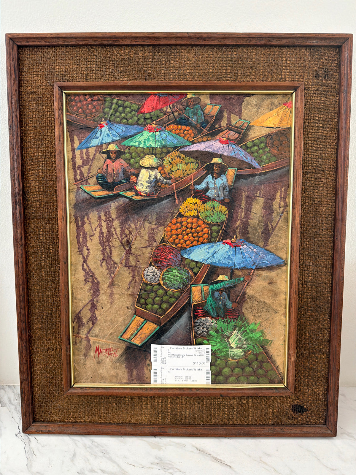 Thai Market Scene Original Oil in Wood Frame 17.5x21.5"