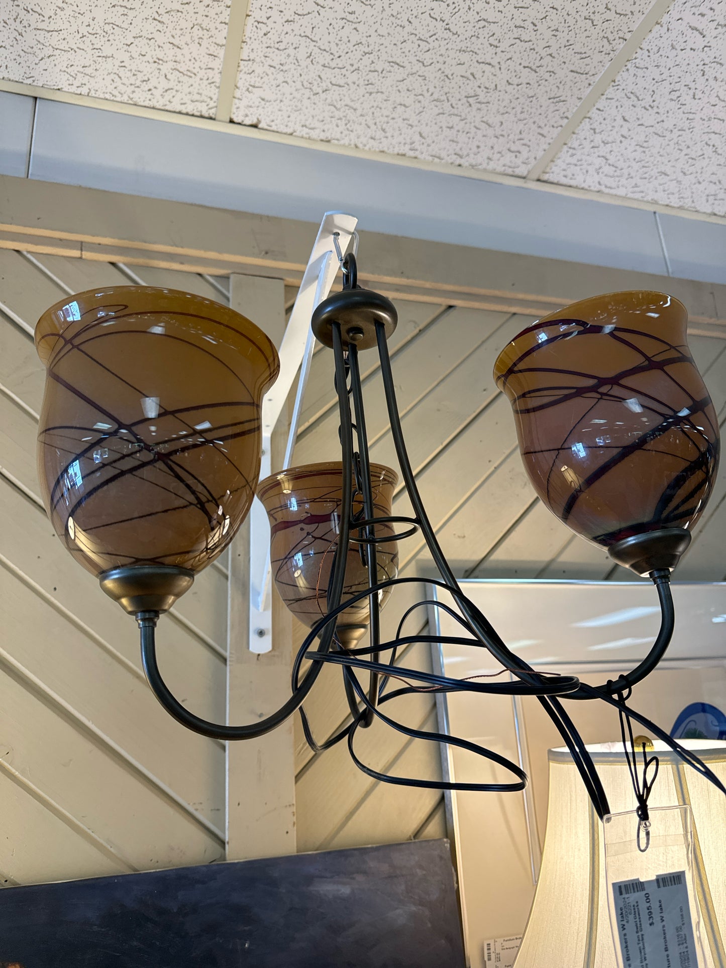 3-Light  Hand Blown Tan Swirl Glass Chandelier by Wimberley Glassworks