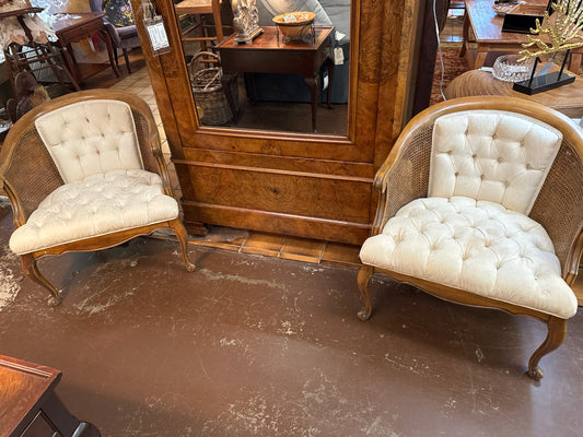 PAIR of Vintage Curved Cane Chairs with Cream Upholstery