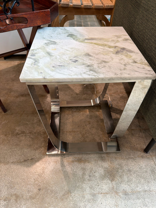 Chrome Base/Marble Top Side Table 14.25"sq X 16.25"h
