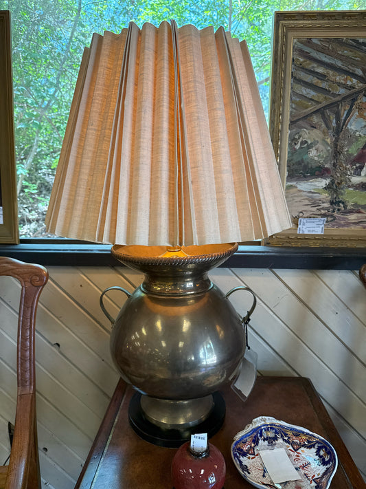 Large Brass MCM Lamp- Liinen Fluted Shade