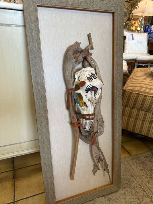 Rustic Mix Media Skull Art Mounted w/ Wood Frame 16w x 37t