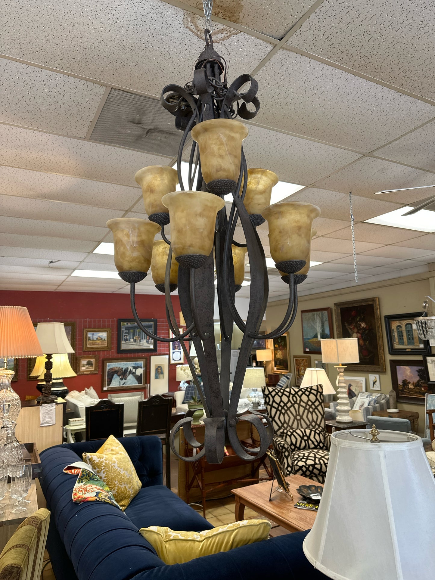 9 Light Metal Chandelier w/ Gold/Brown Globes