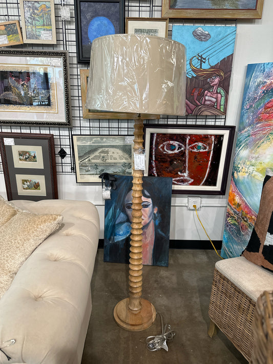 PB Wood Stacked Floor Lamp w/ Tan Shade