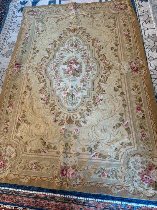 Needlepoint Aubusson Rug Roses 4 x 6