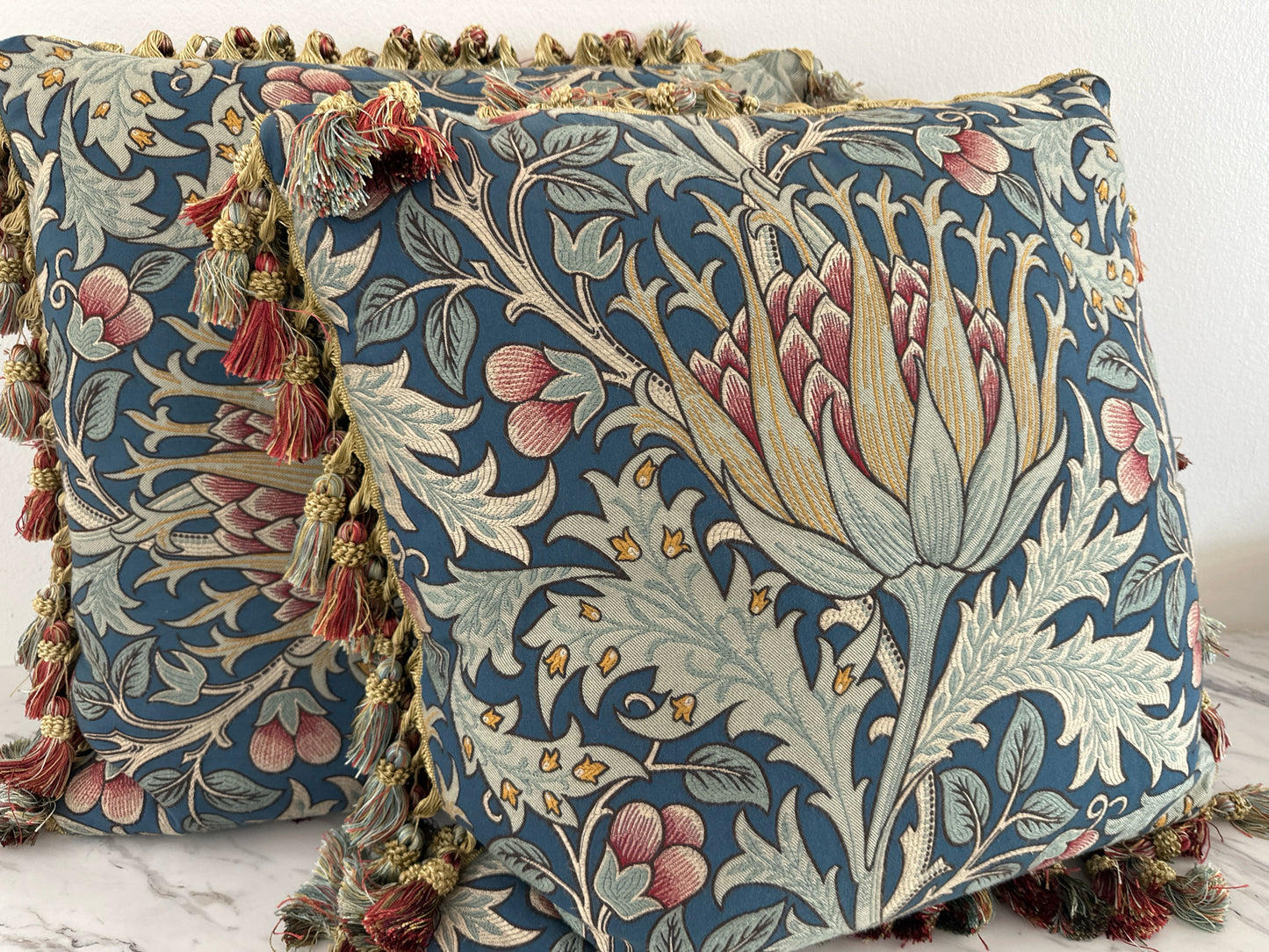 PAIR Custom Chalet Blue Floral Thistle Pillows w/ Fringe