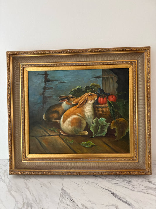 Original Oil on Canvas of Rabbits in Heavy Gold Frame (32"x28")