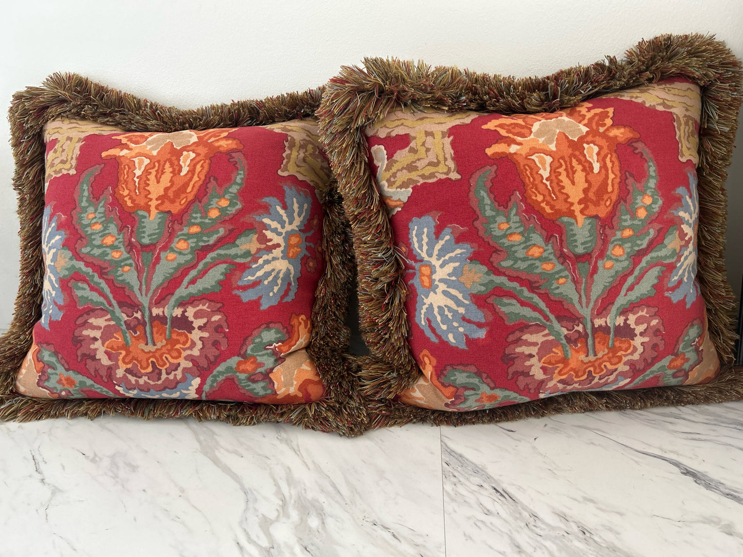 Pair of Ikat Floral Coral/Green/ Tufted Fringe Throw Pillows w/ Down Inserts