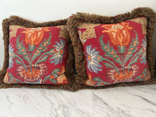 Pair of Ikat Floral Coral/Green/ Tufted Fringe Throw Pillows w/ Down Inserts