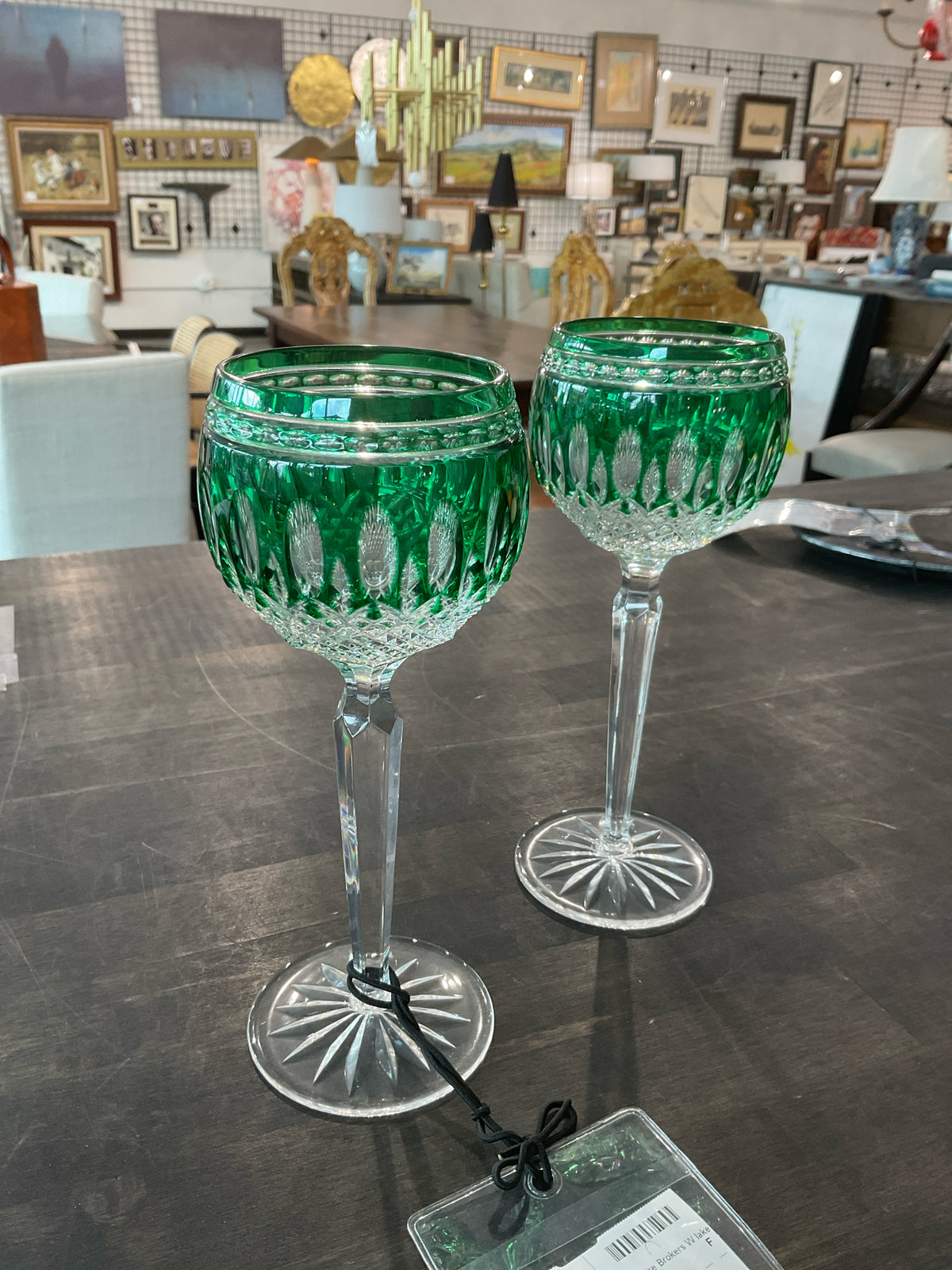 Waterford, PAIR of Clarendon Emerald Green Horck Wine Glasses