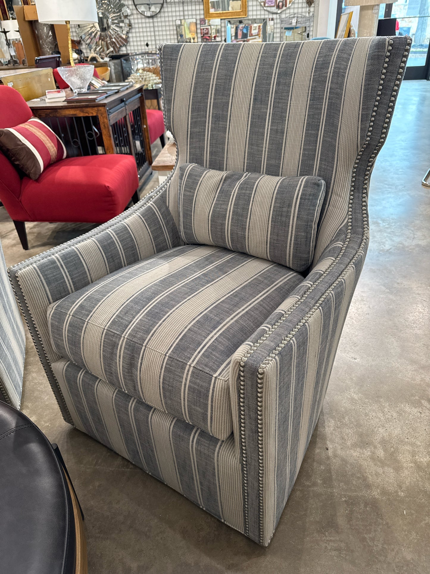 Wesley Hall Luna Swivel Chair in Blue-Gray/Tan Stripes (New)