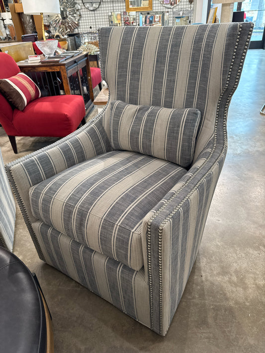 Wesley Hall Luna Swivel Chair in Blue-Gray/Tan Stripes (New)