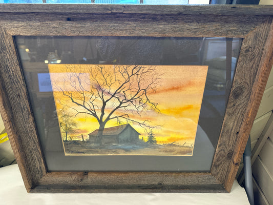 Original Watercolor Ranch Sunset in Rustic Frame (signed, 24 x 20")