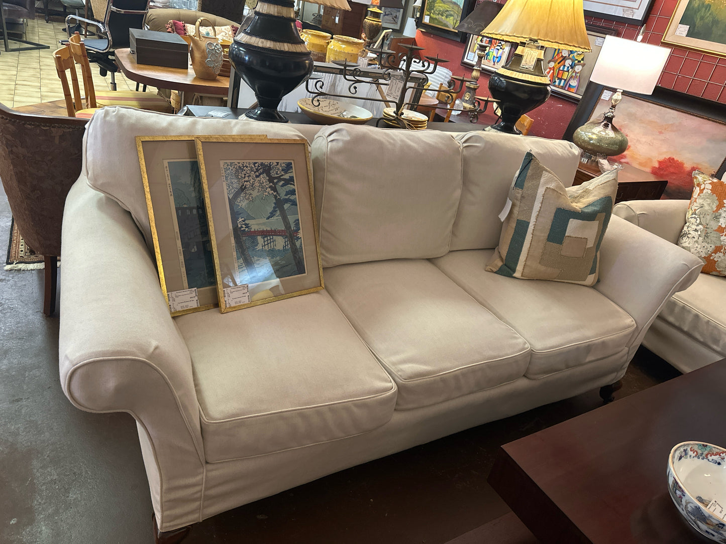 White Slipcovered 3 Cushion Sofa