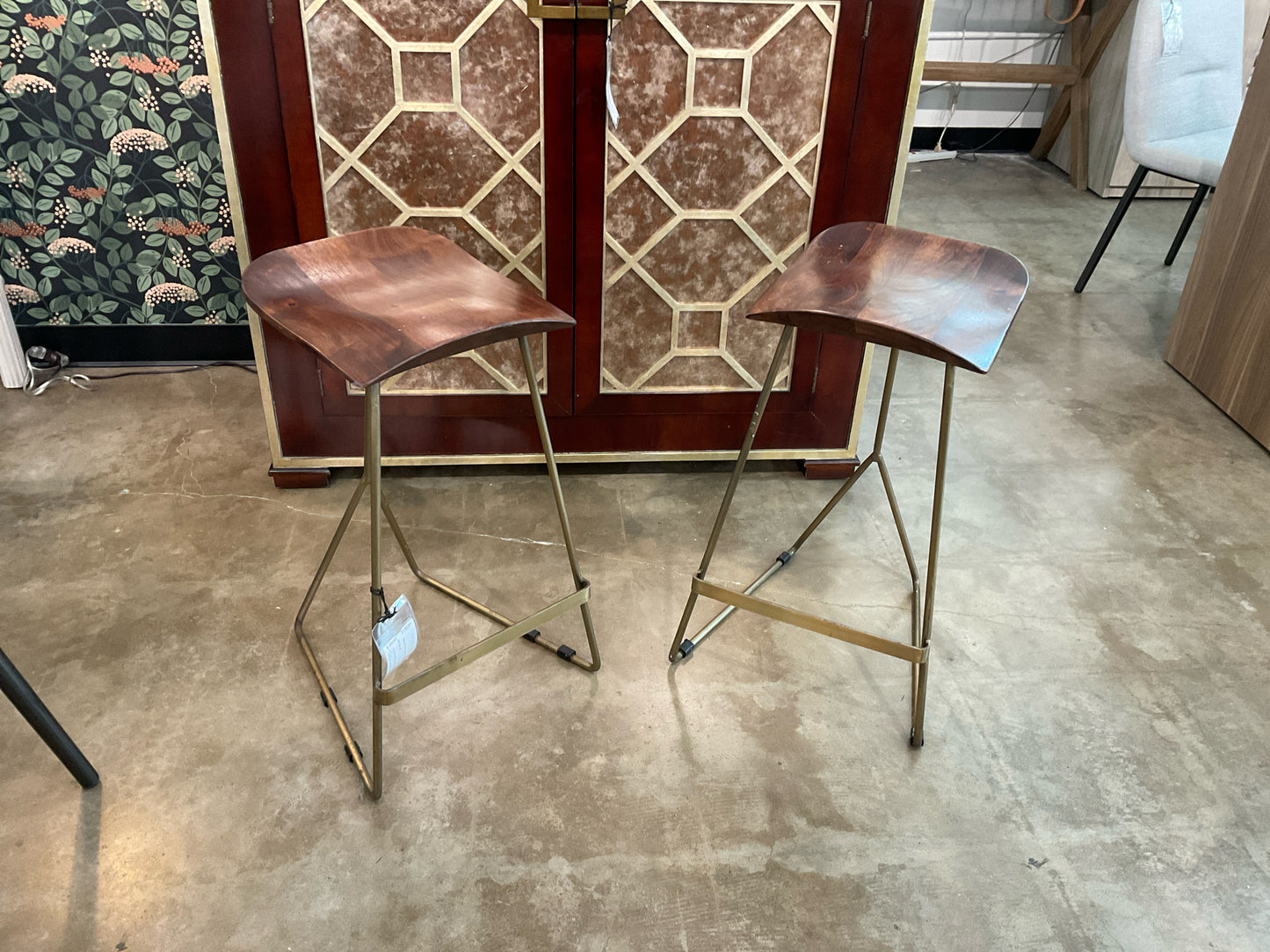 PAIR of Wood & Brass Counter Stool - 25"H