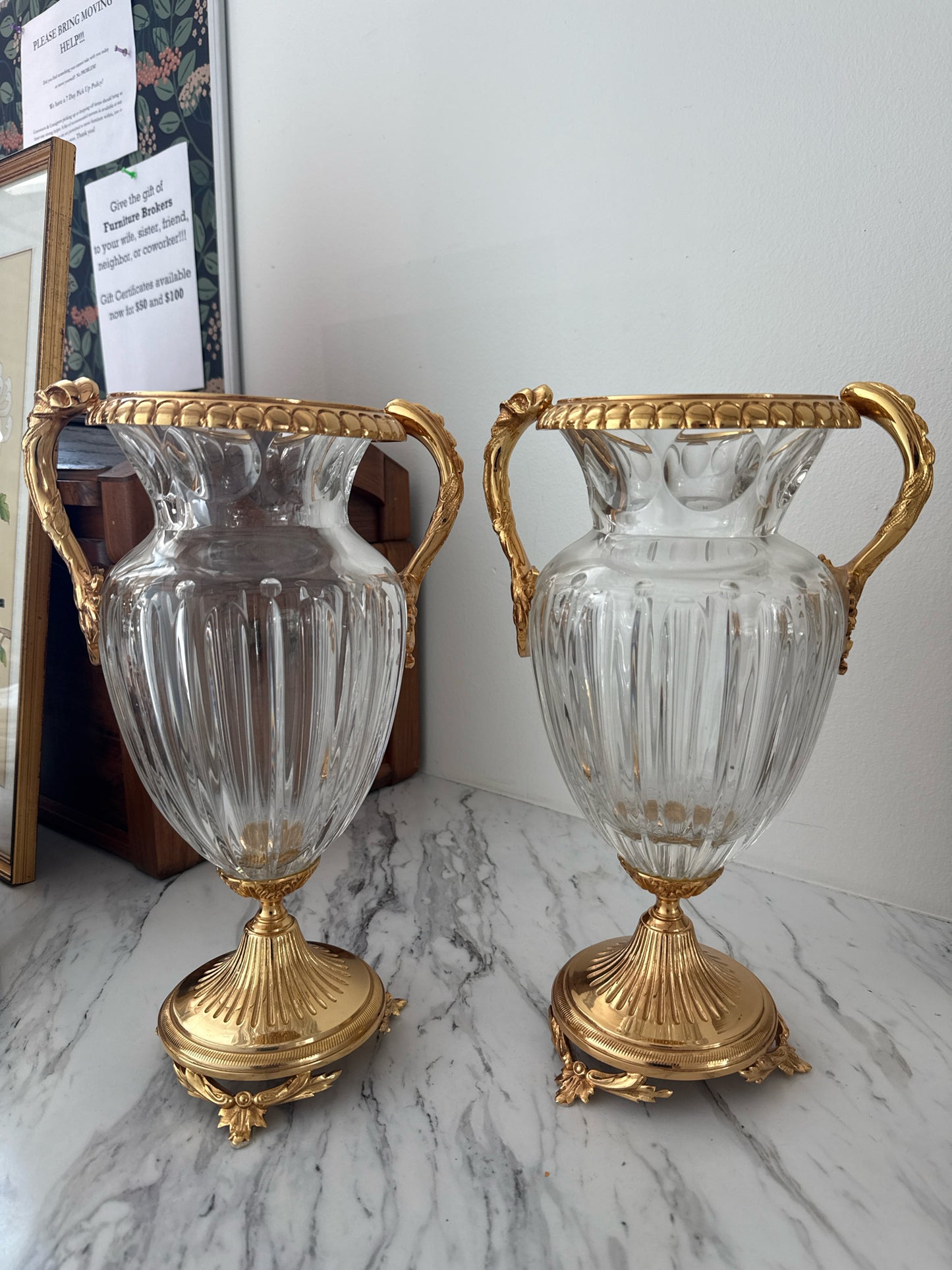 Pair Louis XVI Style Crystal Urns w/Ornate Gilt Bronze