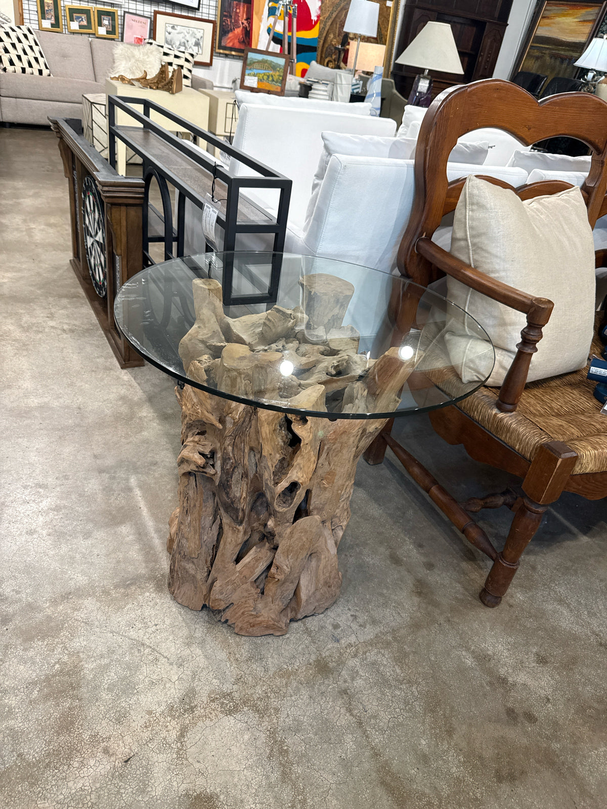 Crate & Barrel 27" Round Glass w/Live Edge Wood Side Table