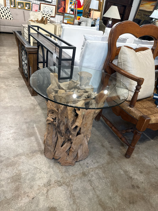 Crate & Barrel 27" Round Glass w/Live Edge Wood Side Table