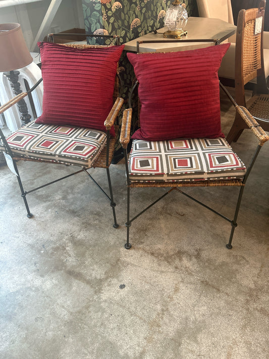 PAIR Wicker Chairs w/ Seat Cushions Red/Green