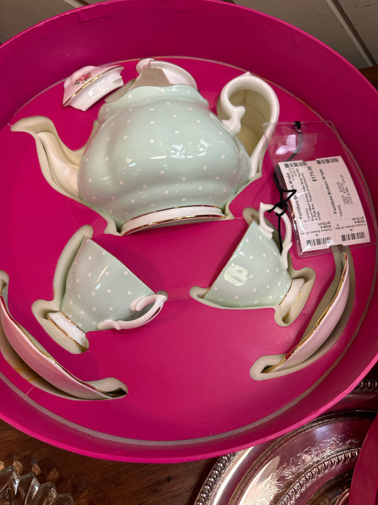 Royal Albert Green Polka Rose Tea Set in Pink Box: Teapot,2cups/saucers (chip)