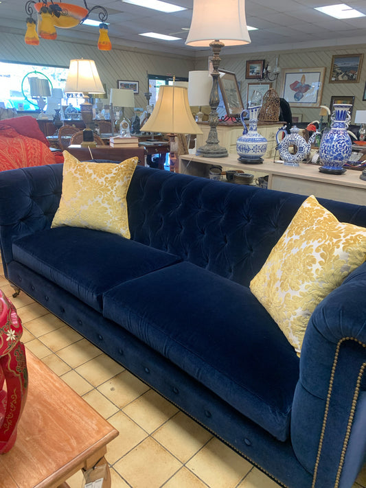 Blue Velvet Tufted Sofa w/ Nailheads & Casters