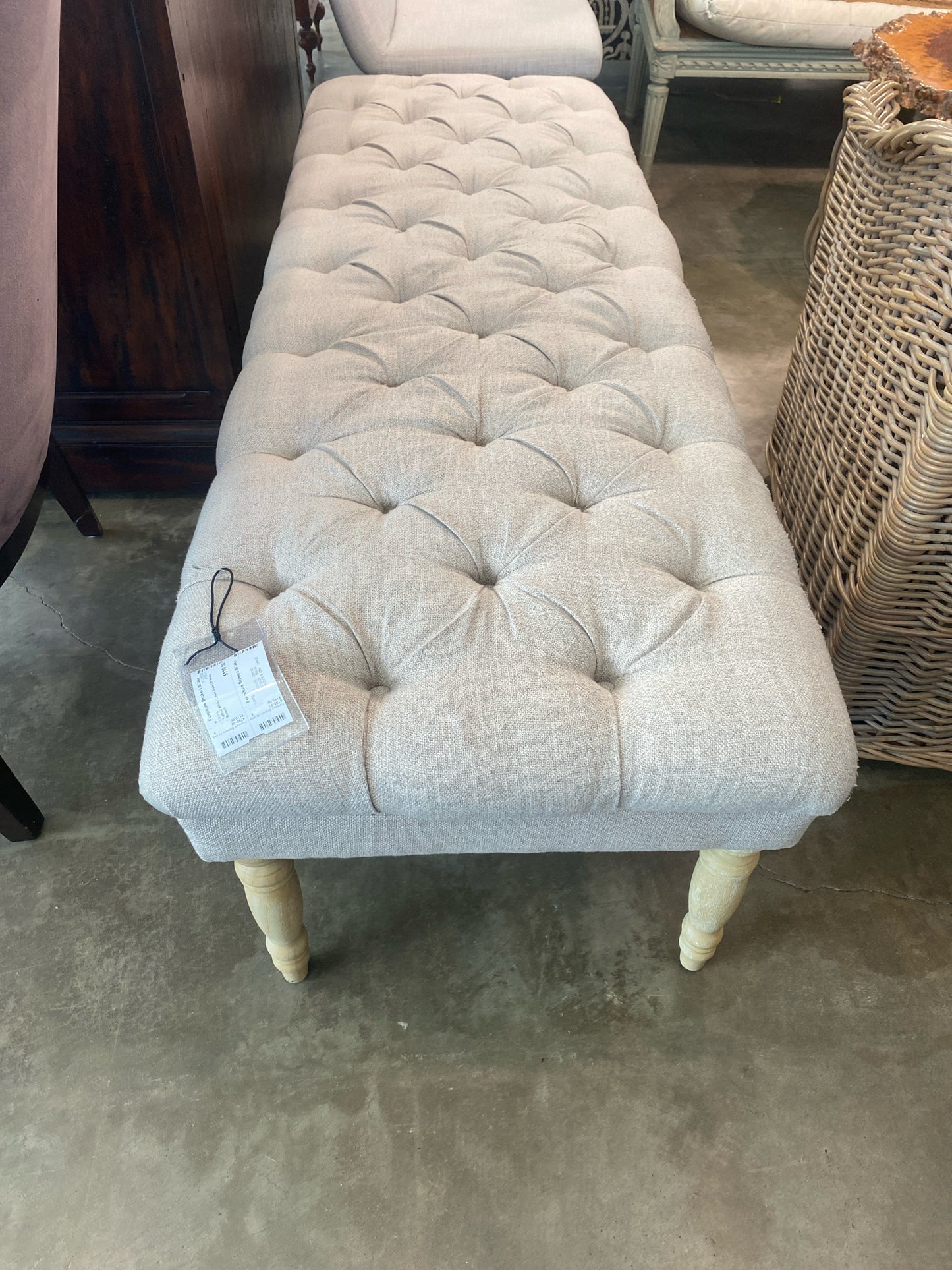 Tufted White Linen Style Off White Bench