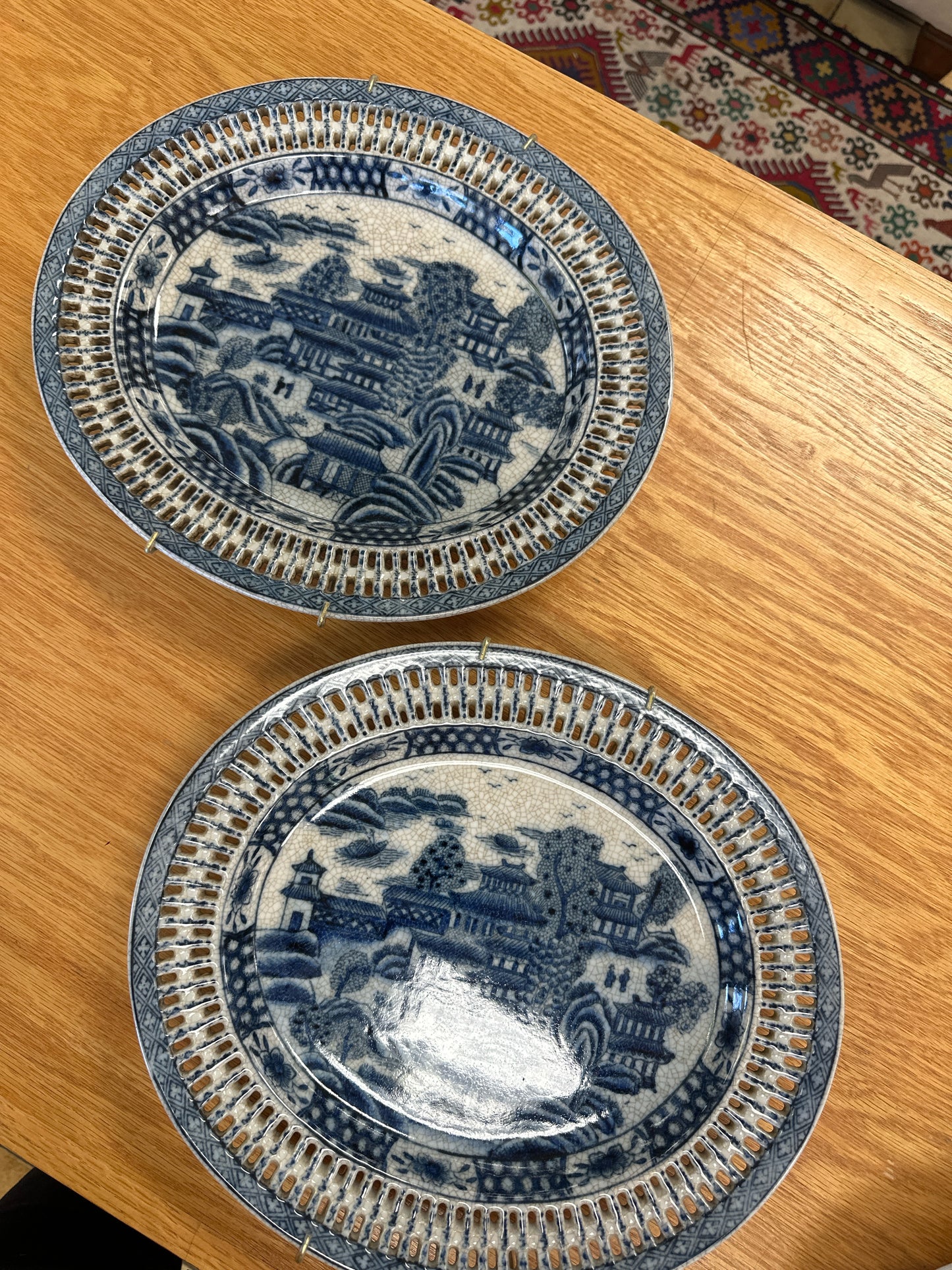 PAIR Blue & Wite Asian Plates Reticulated Chinoserie Design 12.5"w