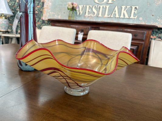 Signed Wimberly Hand Blown Glass Bowl Gold/Red