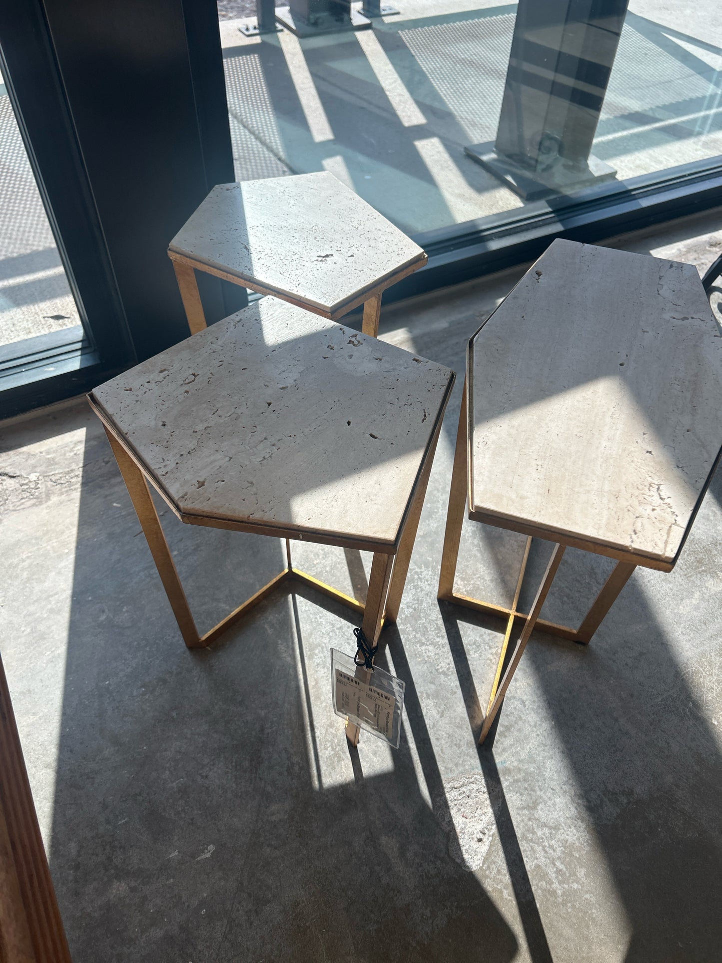 Arteiors SET of 3 Travertine Geometric Nesting Side Tables