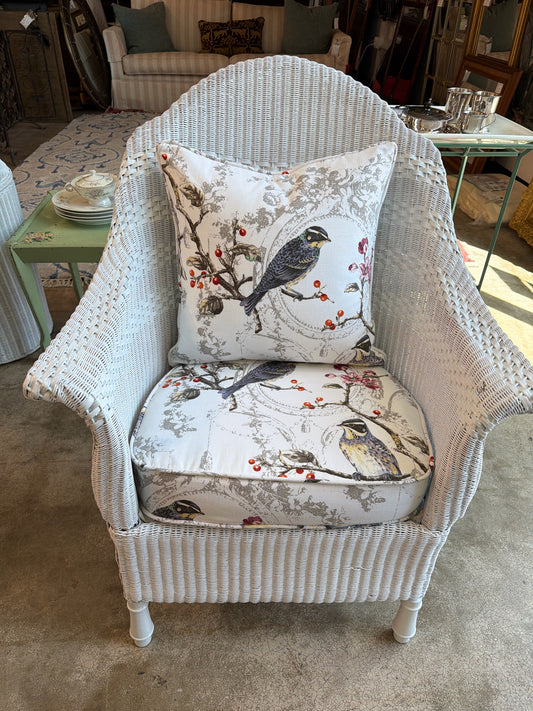Vintage White Wicker Chair w/ Custom Bird Uph. Seat & Pillow