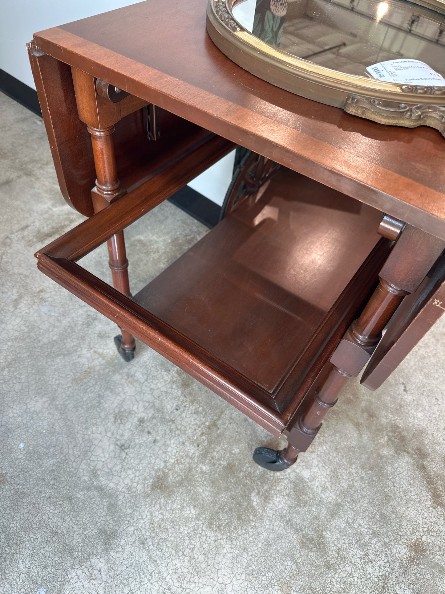 Vintage Mahogany Drop Leaf Teacart with Removeable Glass Shelf on Wheels