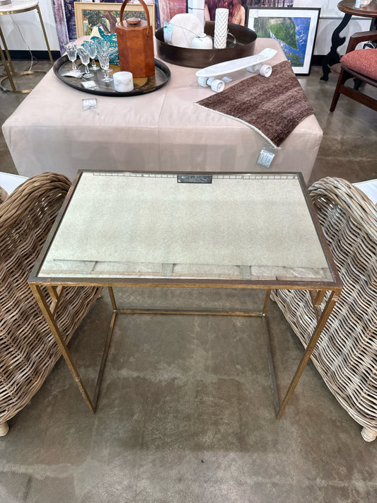 Horchow Greek Key Side Table Gold w/Smoky Mirror Top