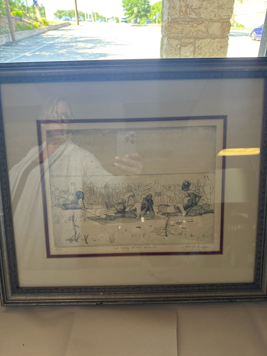 Signed/#'d Etching "At the Beach" by George Knaus in Silver Frame (20x17)