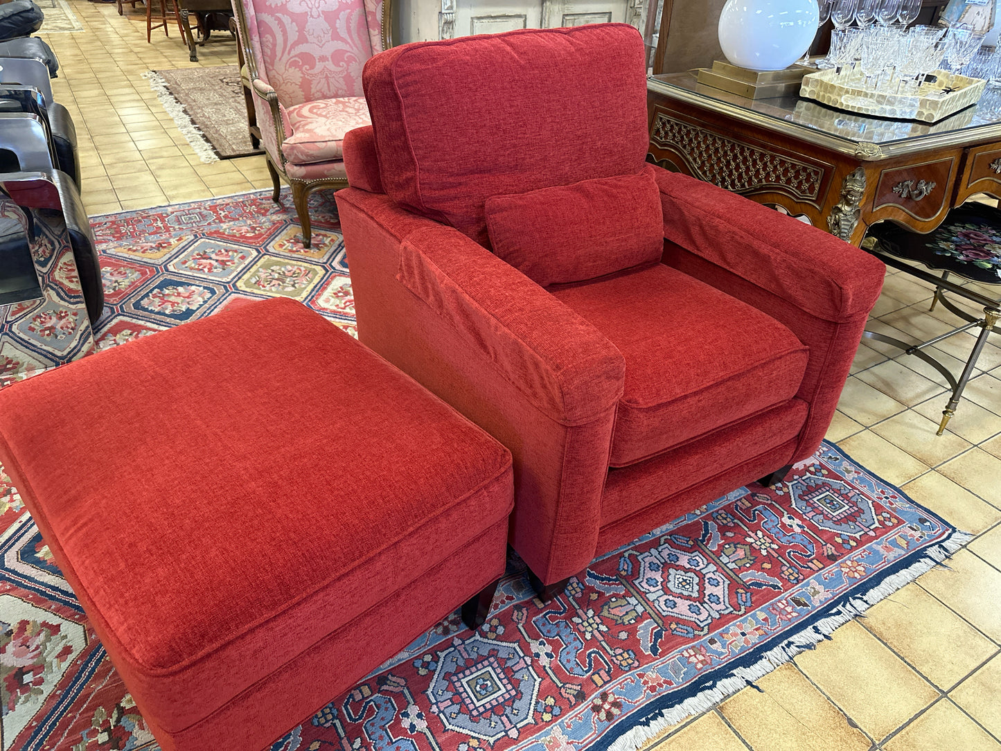 Bassett Red Upholstered Chair w/ Pillow & Ottoman