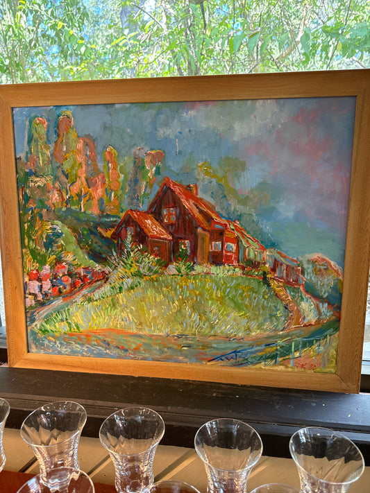 Original Oil Impressionistism House Scene in Reds/Greens, signed 26"x22"