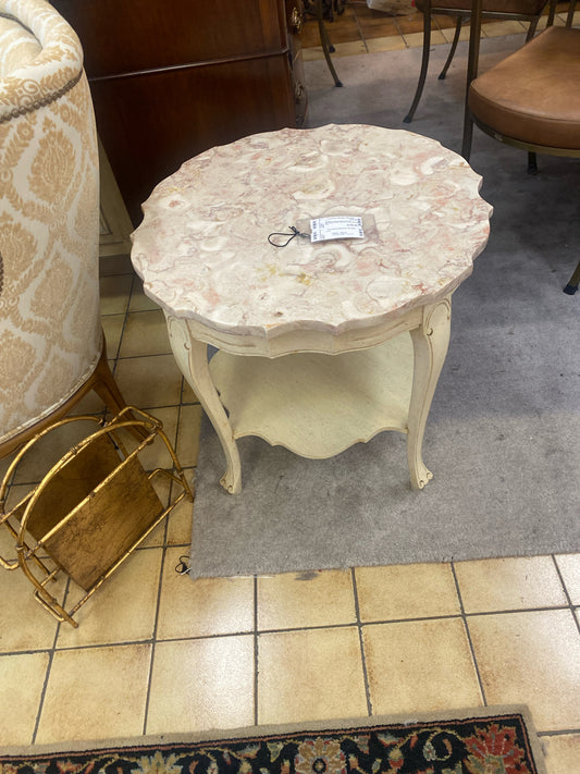 Vintage Scalloped Round Cream Decorative Table w/Pink & Cream Marble Top