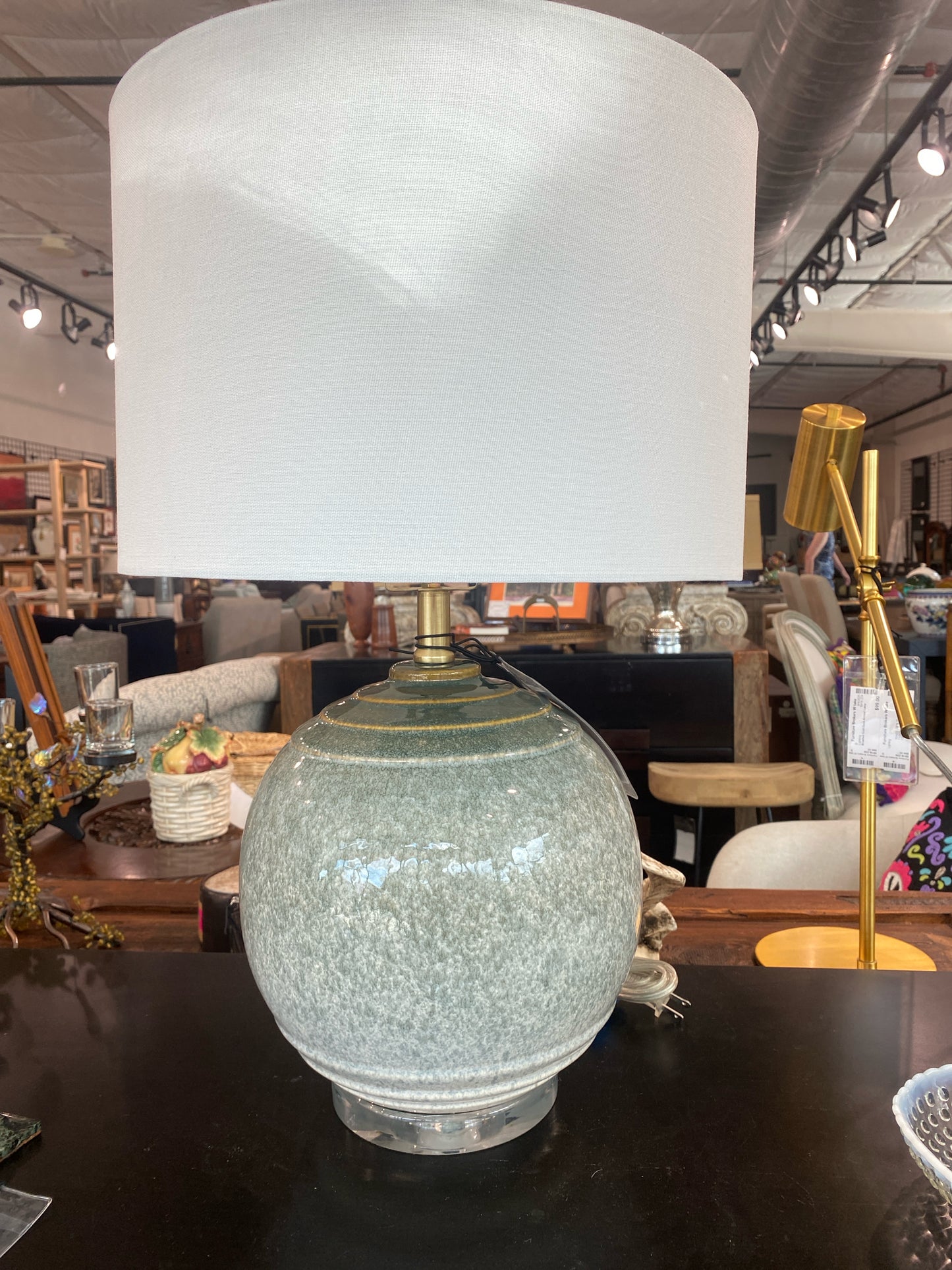 Grey /Orange/ Blue Ceramic Round Lamp w/ White Drum Shade