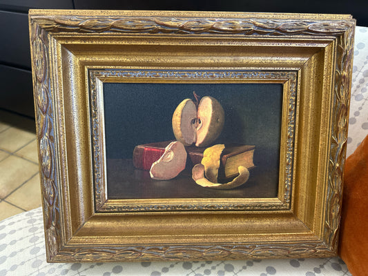Still Life Apple on Book in Gold Frame 14 x 12