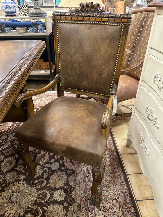 PAIR Brown Suede Carved Wood Arm Chairs