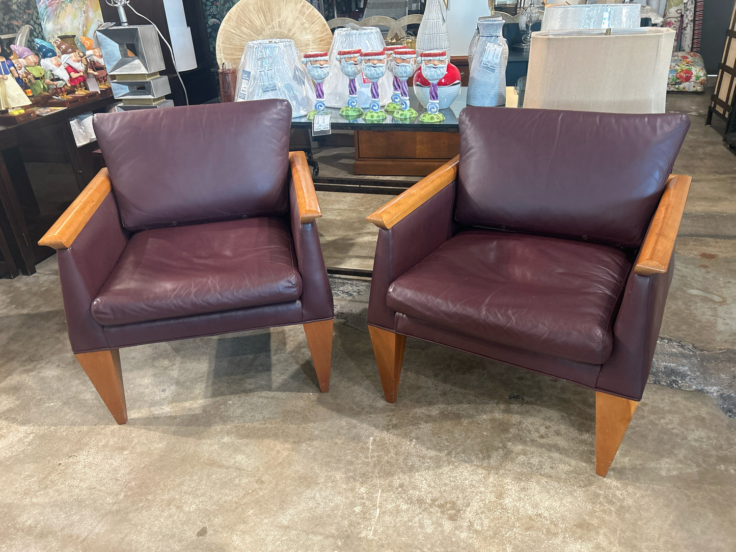 PAIR of Bob Ingram (Philadelphia) Burgundy Leather and Cherry Wood Club Chairs