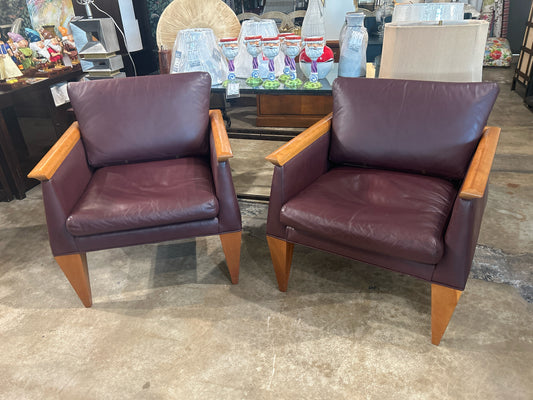PAIR of Bob Ingram (Philadelphia) Burgundy Leather and Cherry Wood Club Chairs