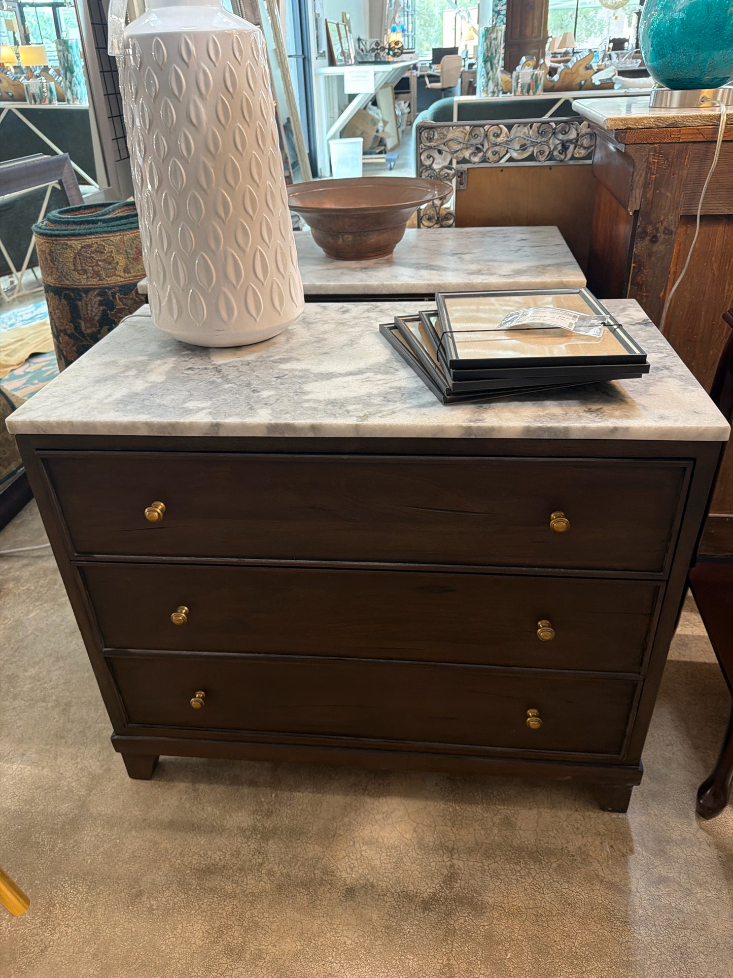 Four Hands Odette 33" Aged Belgium 3-Drawer Nighstands w/Marble Top
