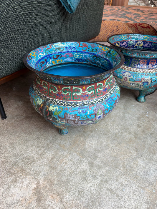 Chinese Cloisoinne Style Multi-Color Footed Pot