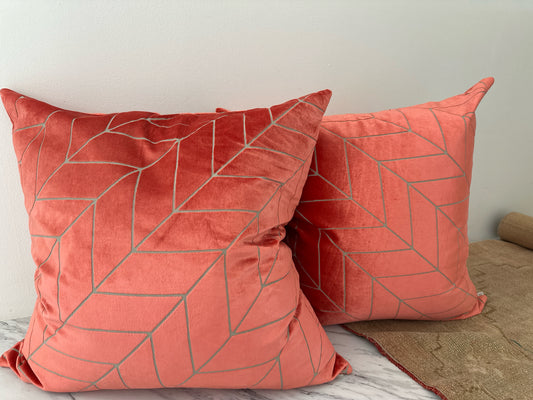 PAIR D.V.Kap Bright Coral Velvet Geometric Pillows