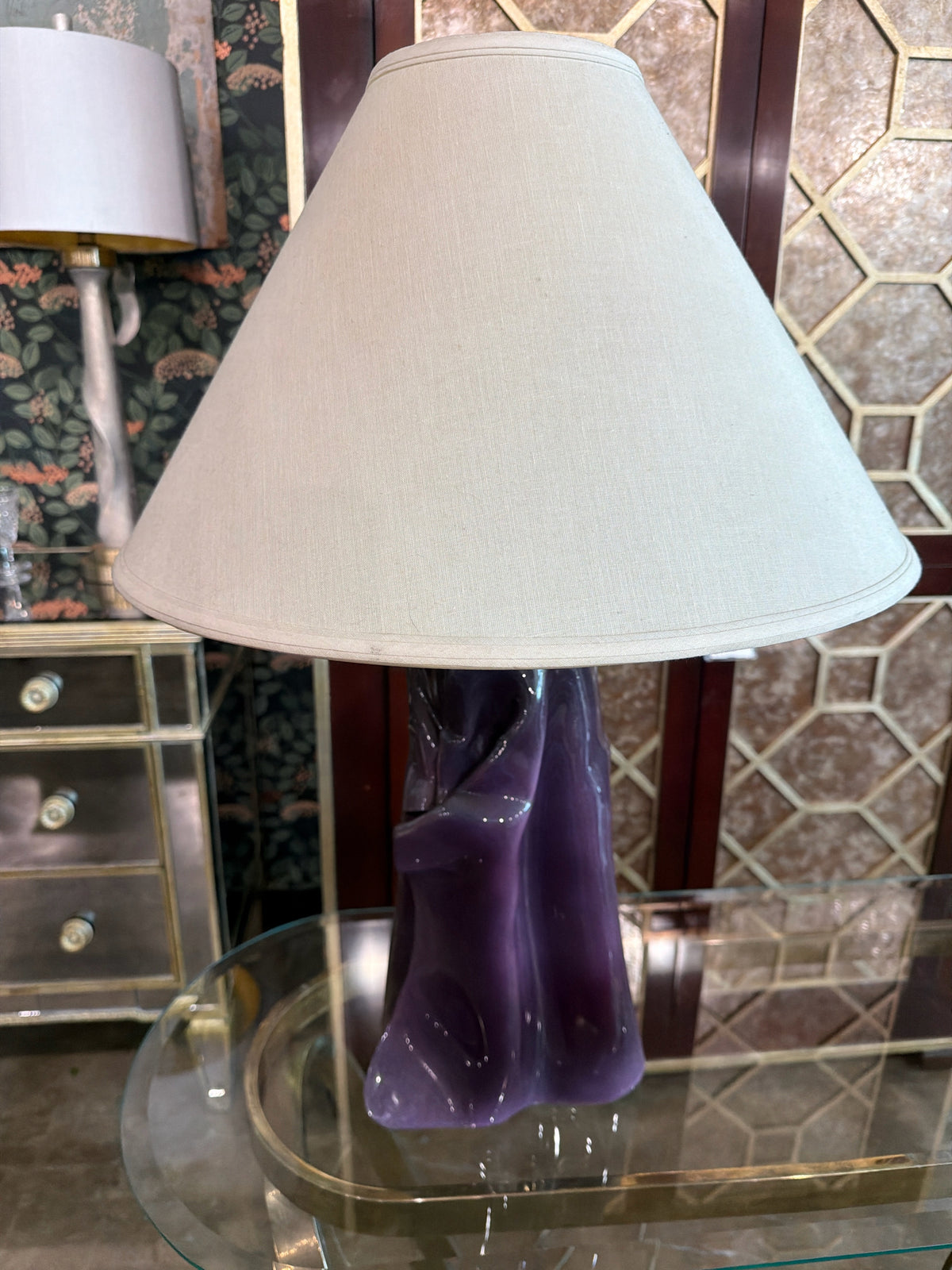 Vintage Van Teal Orig./Signed Purple Sculptural Lamp w/ Cone Shade