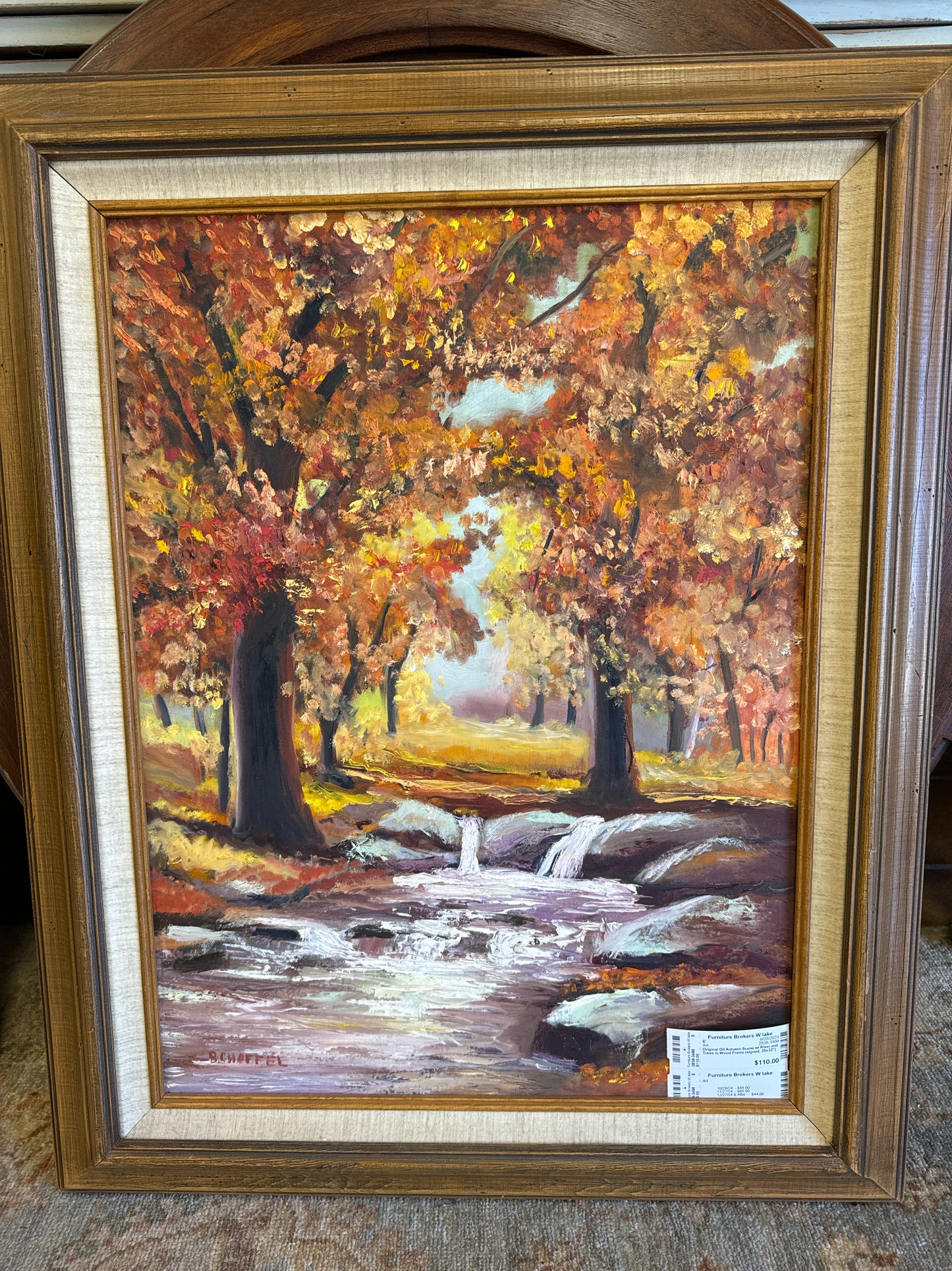 Original Oil Autumn Scene w/ River and Trees in Wood Frame (signed, 25x32")