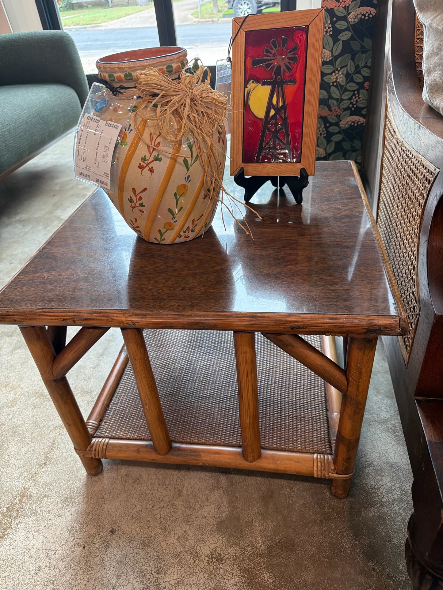 MCM Rattan Side Table w/ Lower Shelf- 22"sq X 17"h