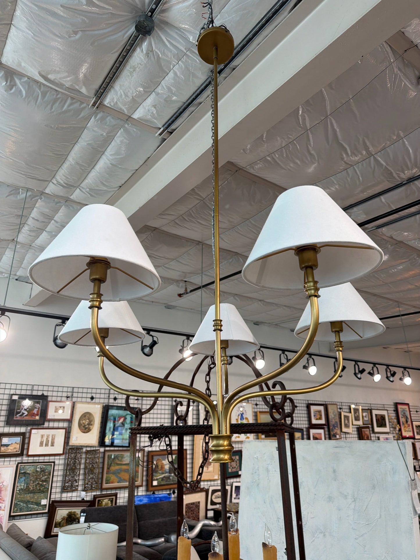 Pottery Barn Collins 36" 5-Light Brass Chandelier w/White Shades