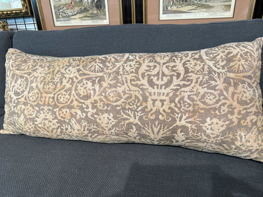 Vintage Fortuny Fabric Lumbar Pillow Tan/Brown
